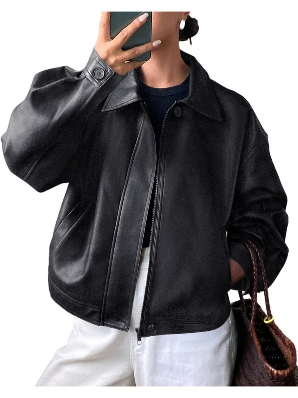 Women's Black Faux Leather Oversized Fall ZIP Up Casual Coat Motorcycle Jacket